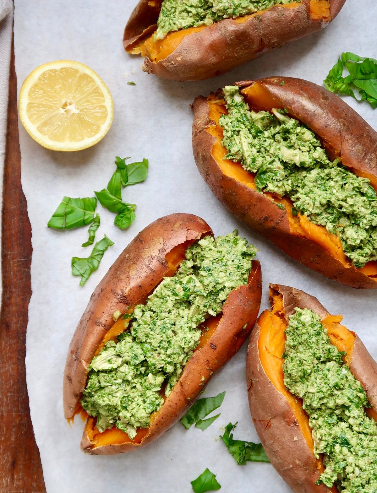 Chicken Pesto Stuffed Sweet Potatoes