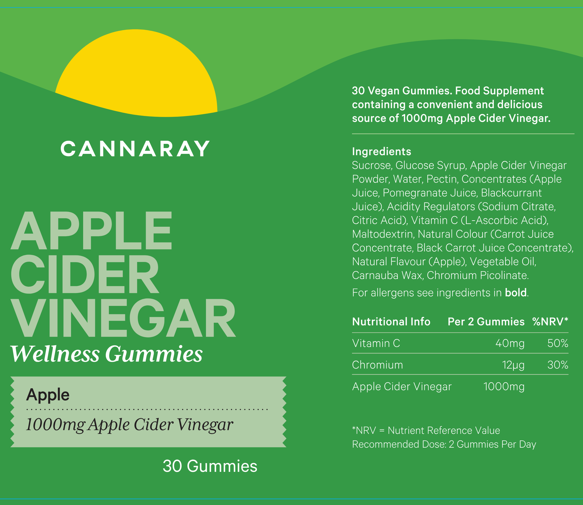 Cannaray Apple Cider Vinegar Wellness Gummies packaging with product details and ingredients list.