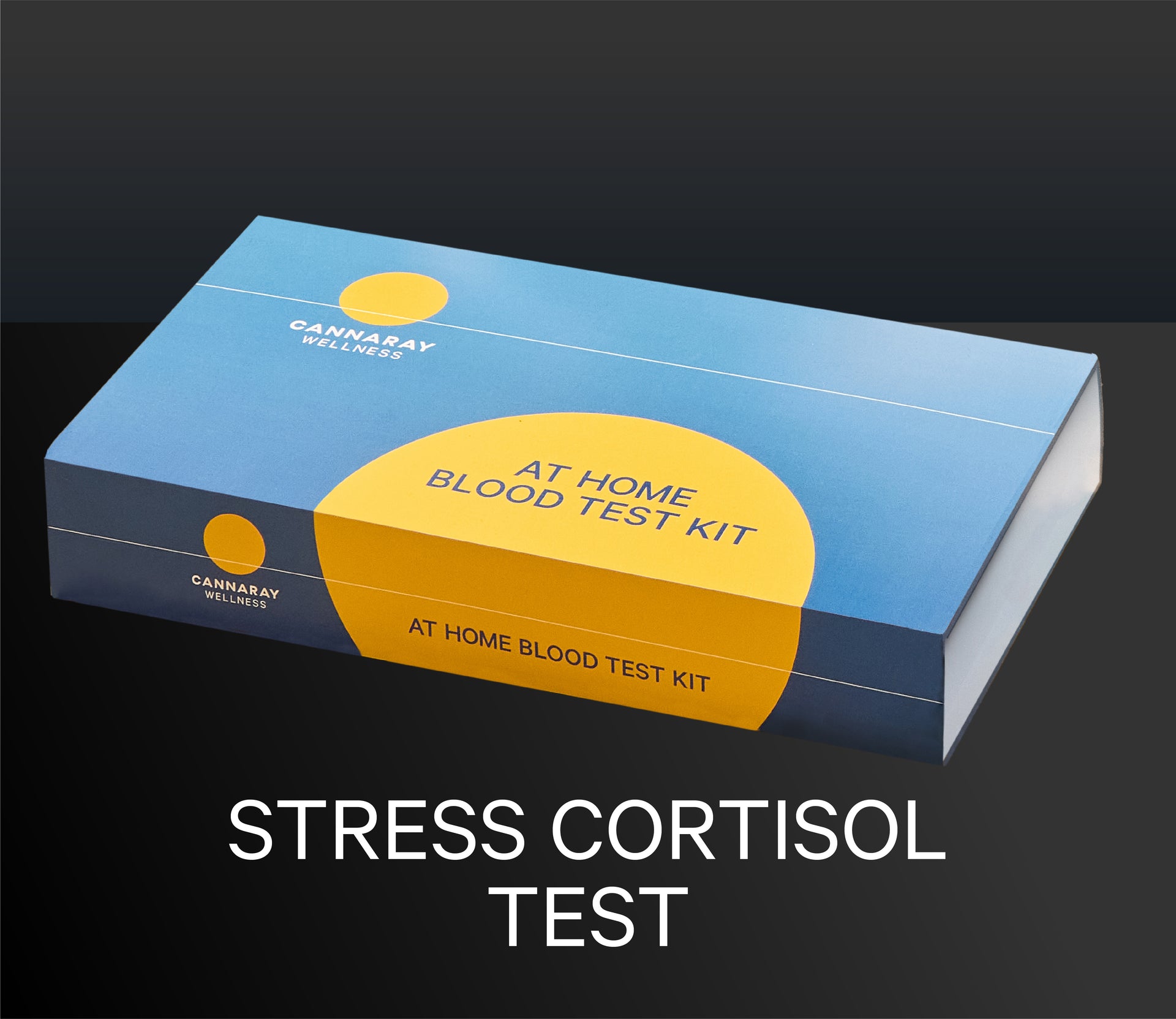 Cannaray stress cortisol test kit packaging with blue and yellow design on a dark background