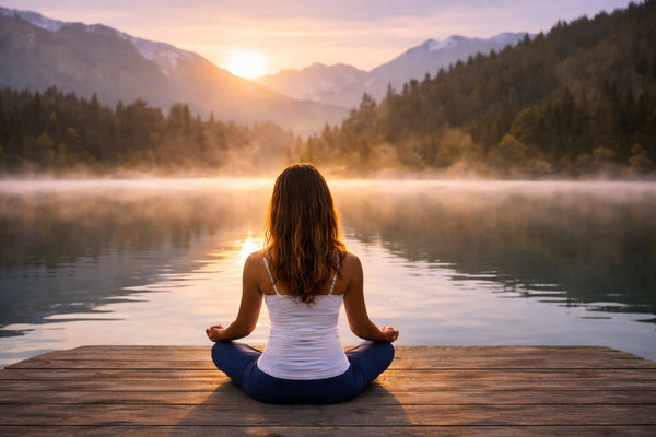 Woman meditating on a dock by a lake with mountains in the background during sunset.