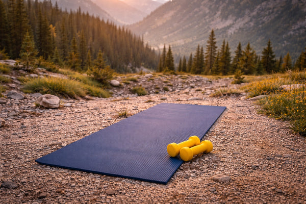 Blue exercise mat with yellow dumbbells on a rocky trail with mountains in the background